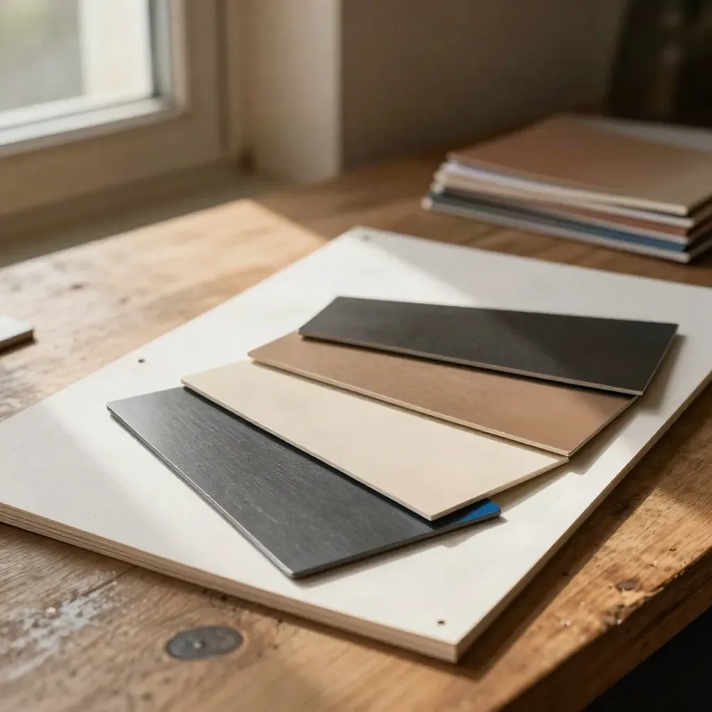 Markenidentitäts-Kit mit Farbmustern, Materialproben und blauem Akzent auf warmem Werktisch.