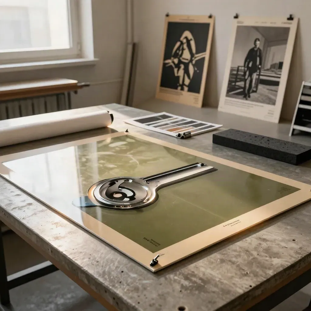 Kampagnen-Grafik mit Schautafeln, Acrylplatte und Proofs auf einem Beton-Arbeitstisch im Studio