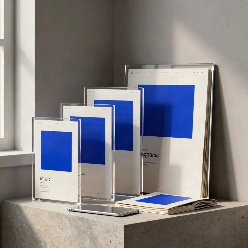 Drei Acrylrahmen mit Website-Mockups, Tablet-Podest und Broschürenblock in einem hellen Büro.