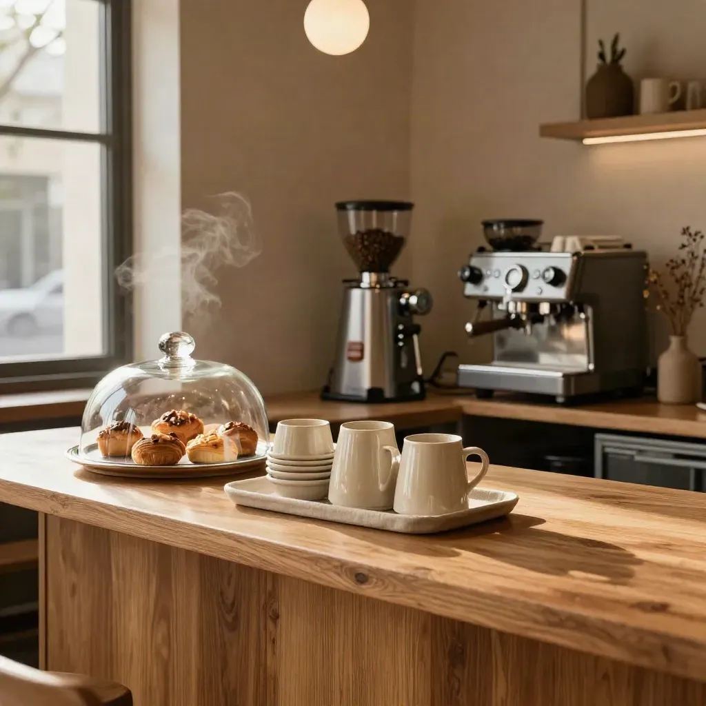 Gemütliche Café-Ecke mit Mühle, Tassen und Kuchenhaube im warmen Fensterlicht.