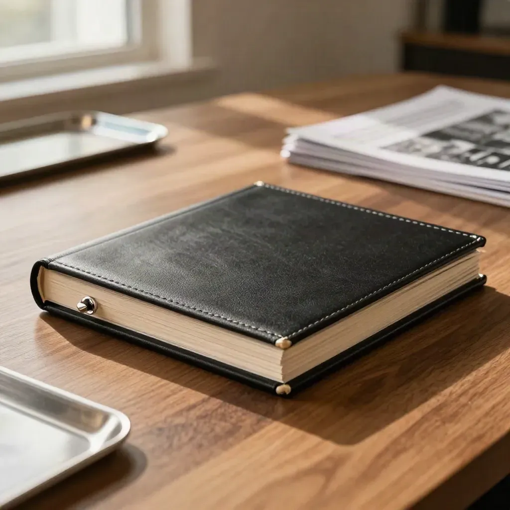 Schwarzes Präsentationsportfolio mit Silberring und gestapelten Trennblättern auf warmem Holztisch.