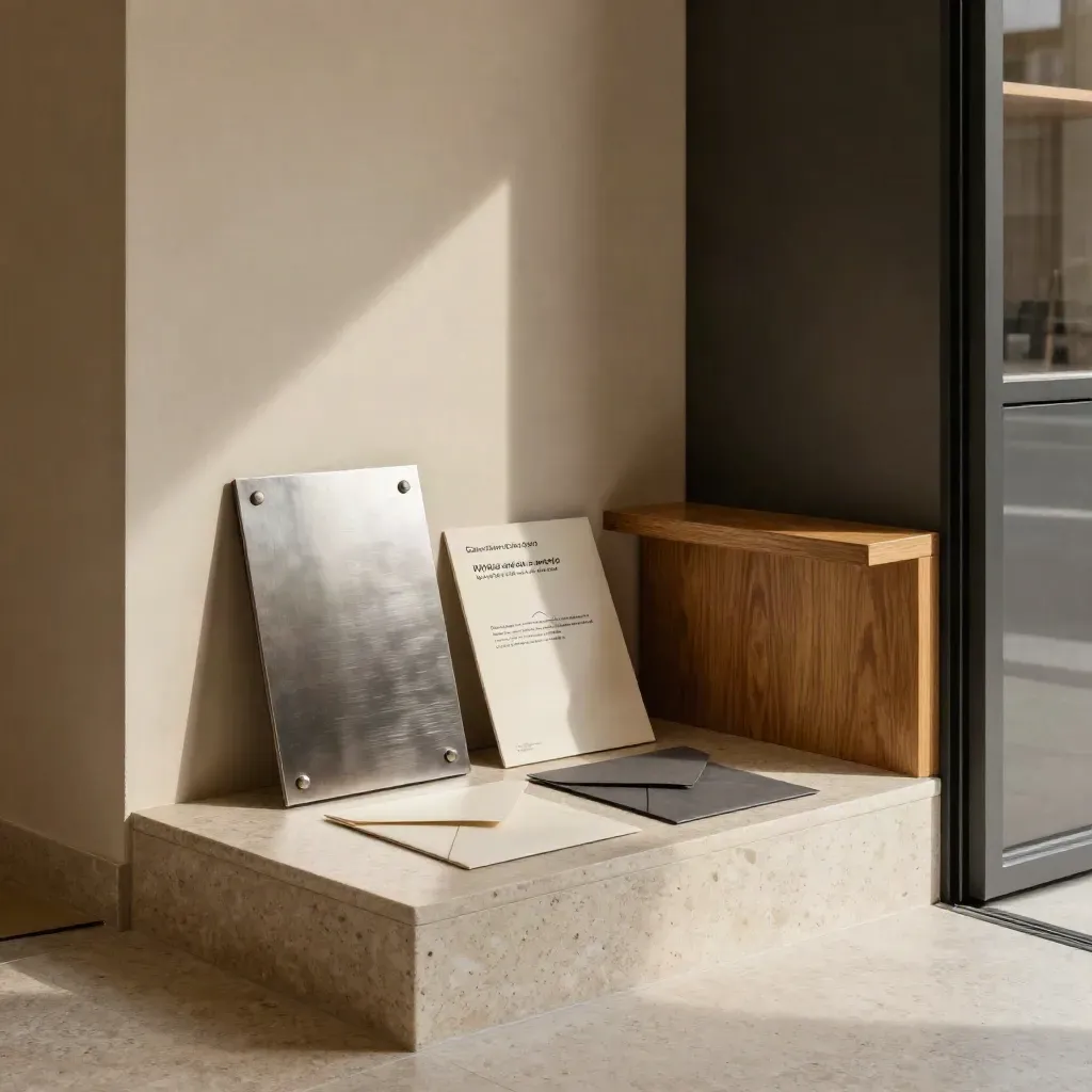 Ruhige Praxis-Nische mit Branding-Set, Plakette, Mappen und Website-Board