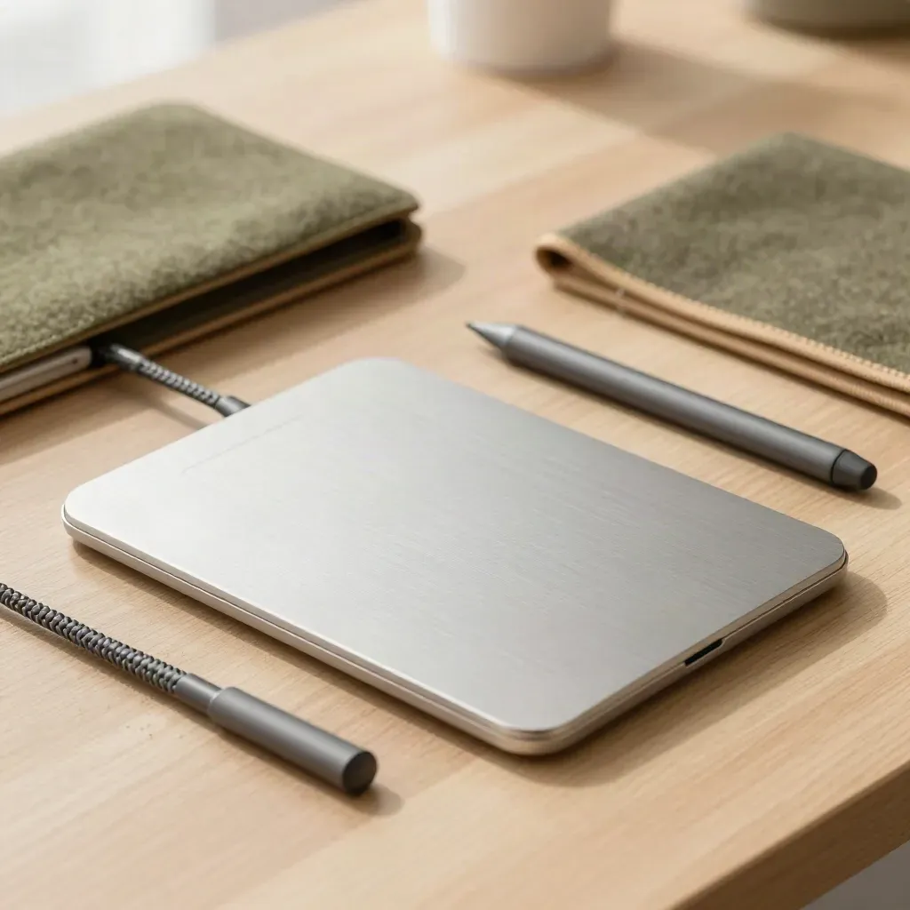 Trackpad, Stift und Tabletständer auf hellem Holztisch, weich seitlich beleuchtet.