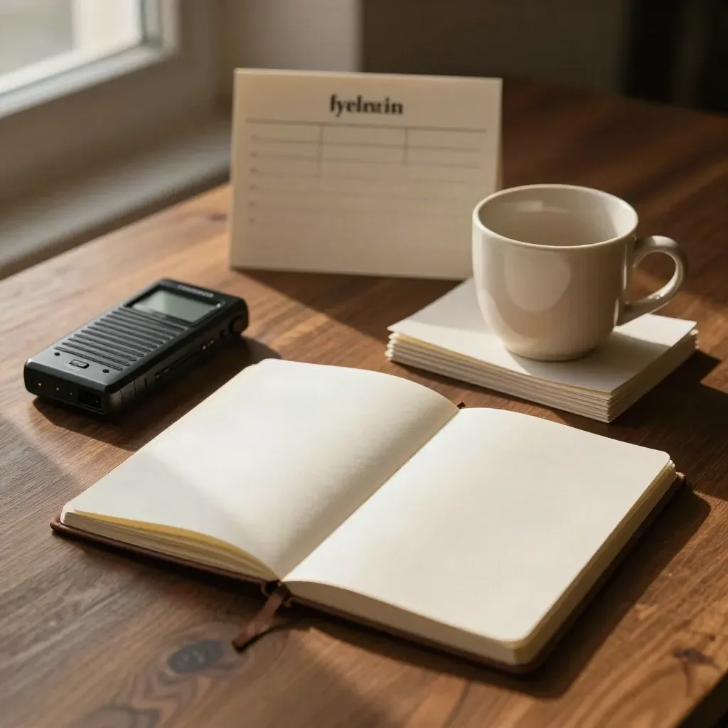 Offenes Notizbuch, Recorder, Tasse und Briefing-Karten auf dunklem Holz.
