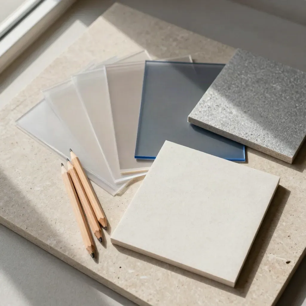 Overhead-Flatlay mit Acetatfolien, Materialchips, Bleistiften und Schaumtile auf Stein.
