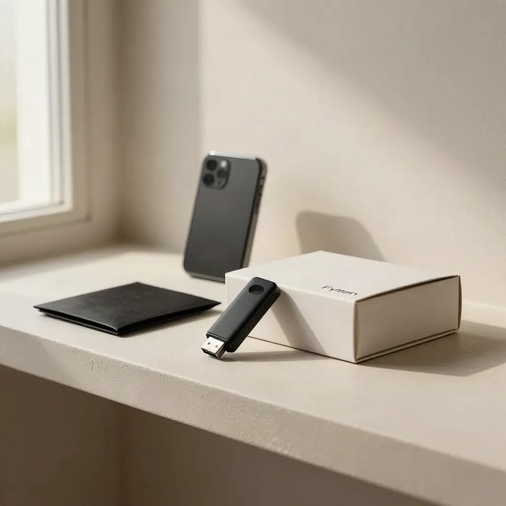 Schwarzer USB-Stick, Versandbox und Datenhülle auf heller Plakatshelf, Livegang-Motiv.