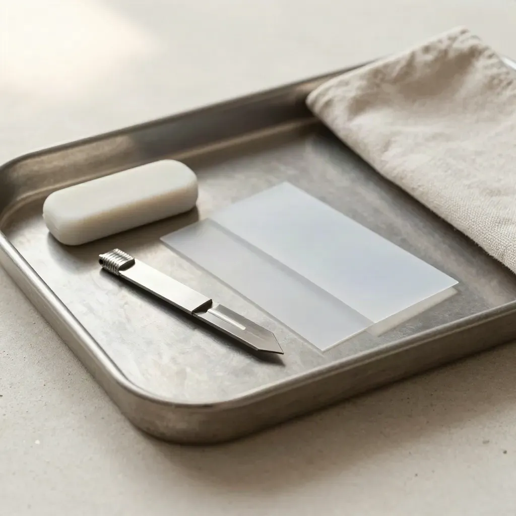 Metalltablett mit Klemmen, Radiergummi, Cuttermesser und transparenten Proof-Hüllen auf hellem Beton.