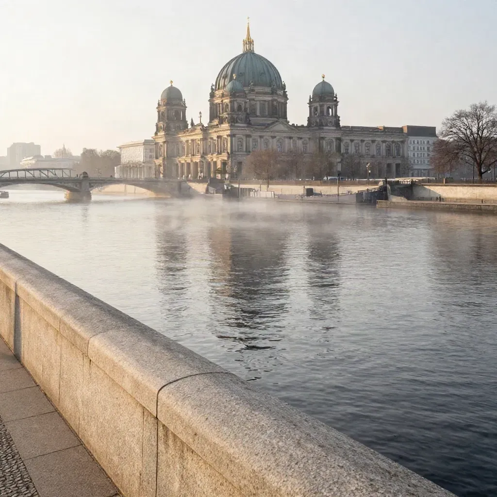 Berliner Museumsinsel über der Spree im Morgennebel, von einer Brücke aus gesehen