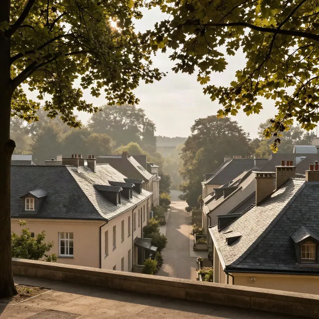 Sommerliche Baumkronen und Villendächer über Charlottenburg-Wilmersdorf im sanften Dunst.