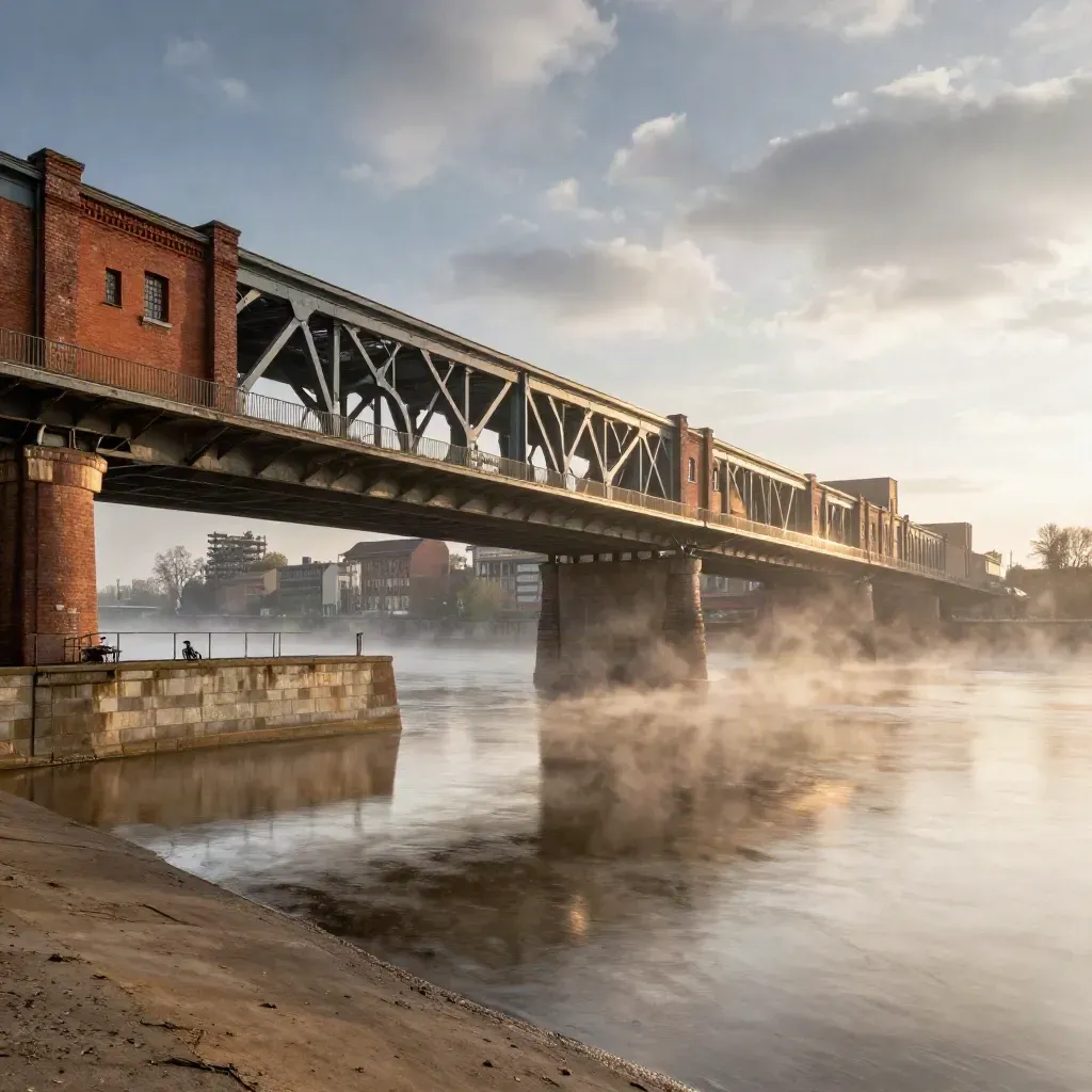 Blick auf Friedrichshain-Ost: Brücke, Lagerhäuser und ruhiges Flussufer im Dunst.