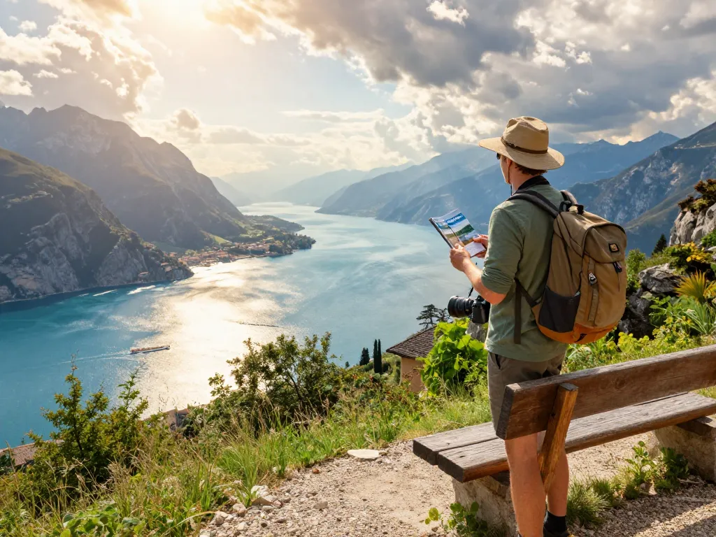 Entdecken Sie Gardasee Reisetipps am atemberaubenden Ausblick auf den Gardasee mit lebhaften Landschaften.