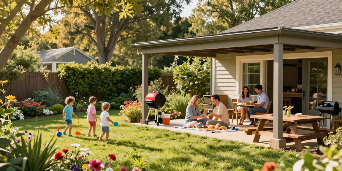 Ein moderner Carport bietet Schatten für eine Familie, die ein Picknick genießt, umgeben von blühenden Pflanzen.