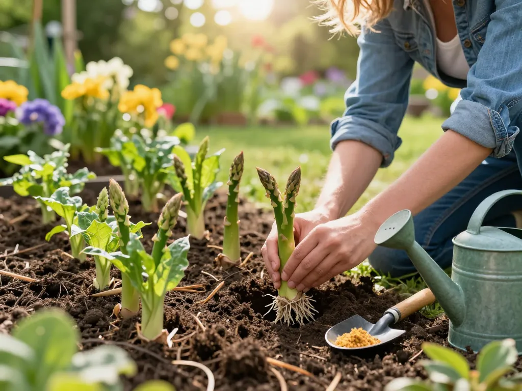 Planting Gijnlim green asparagus seedlings in a home garden, showcasing gardening techniques.