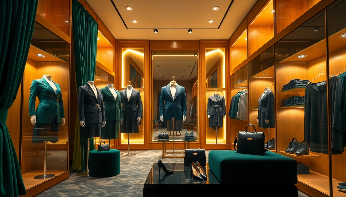 Experience Alvionz's exquisite luxury fashion through elegantly displayed garments in a stylish boutique.