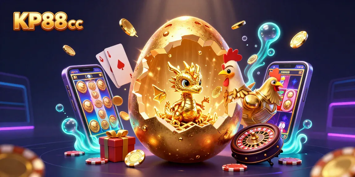 Engage with KP88 cc in a vibrant casino scene featuring a golden egg and baby dragon immersed in gambling action.