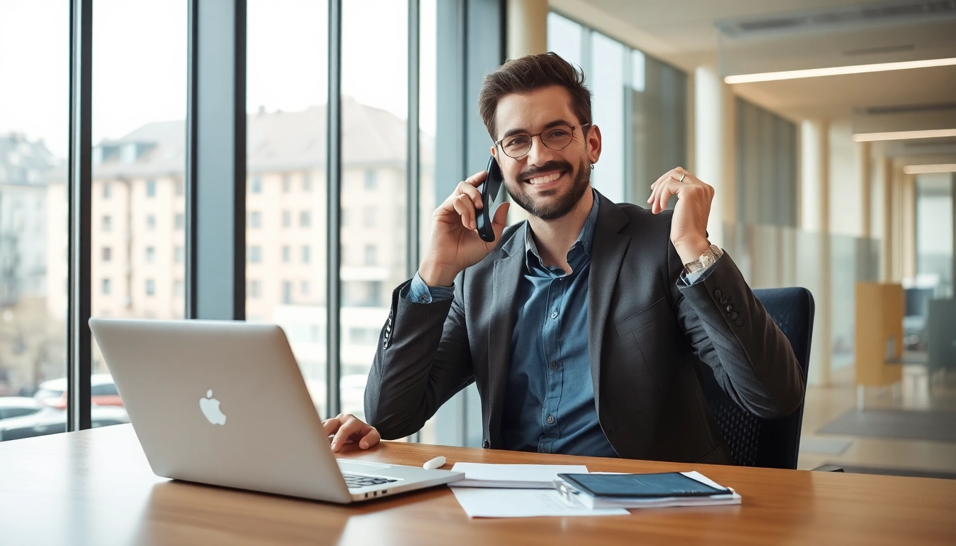 Headhunter Nürnberg am Schreibtisch im Gespräch mit einem Kunden am Telefon.