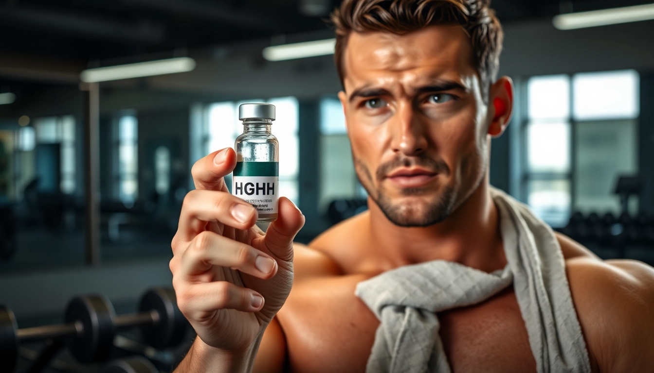 HGH kaufen: Fitness-Enthusiast mit HGH-Vial im modernen Fitnessstudio.