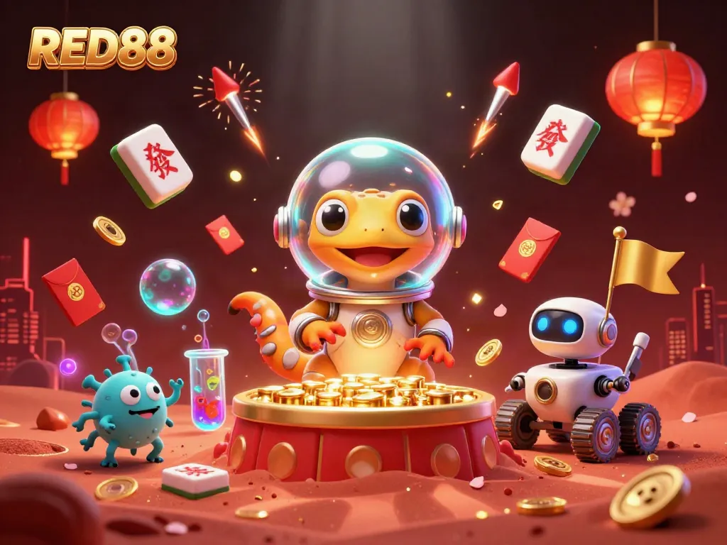 Engage in gaming fun with RED88 as a Martian gecko and robot reveal a treasure-filled casino.