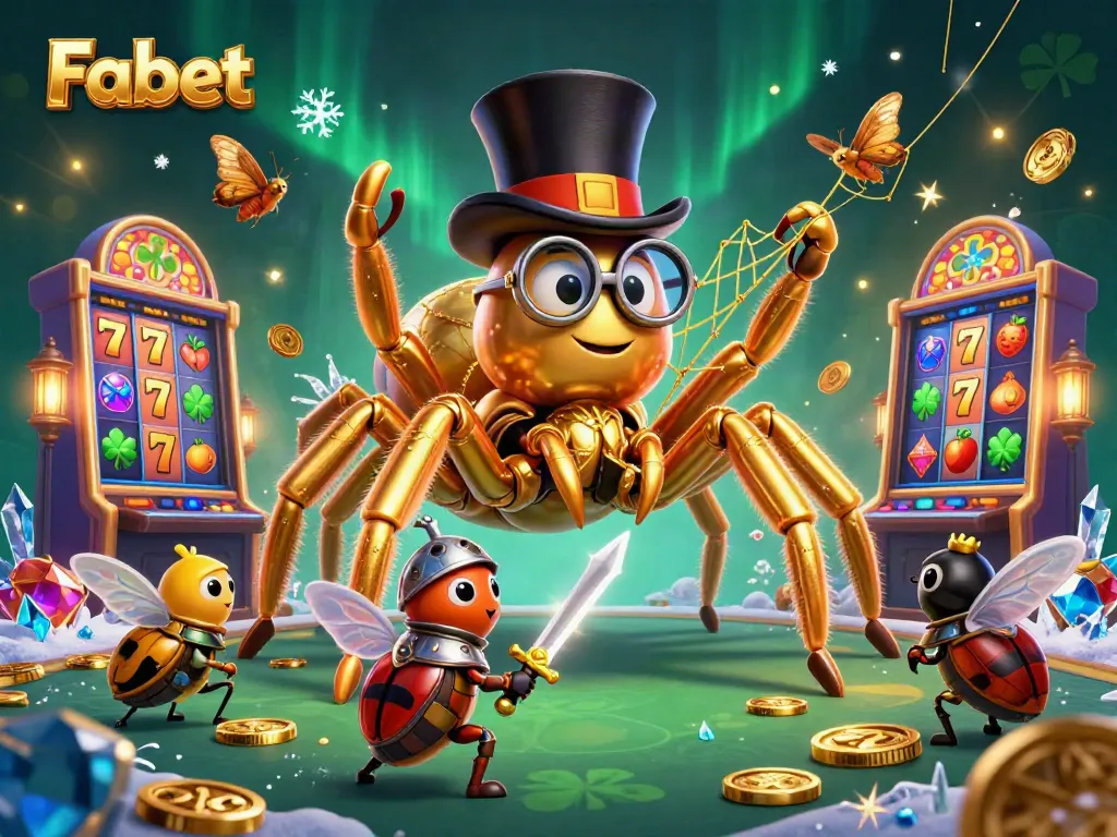 Spin for wins with Fabet's cheerful golden tarantula and brave knight in a vibrant casino.
