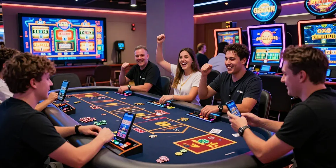 Vibrant gaming scene showcasing excitement at gemwin.pics with players engaging in online casino games and slots.