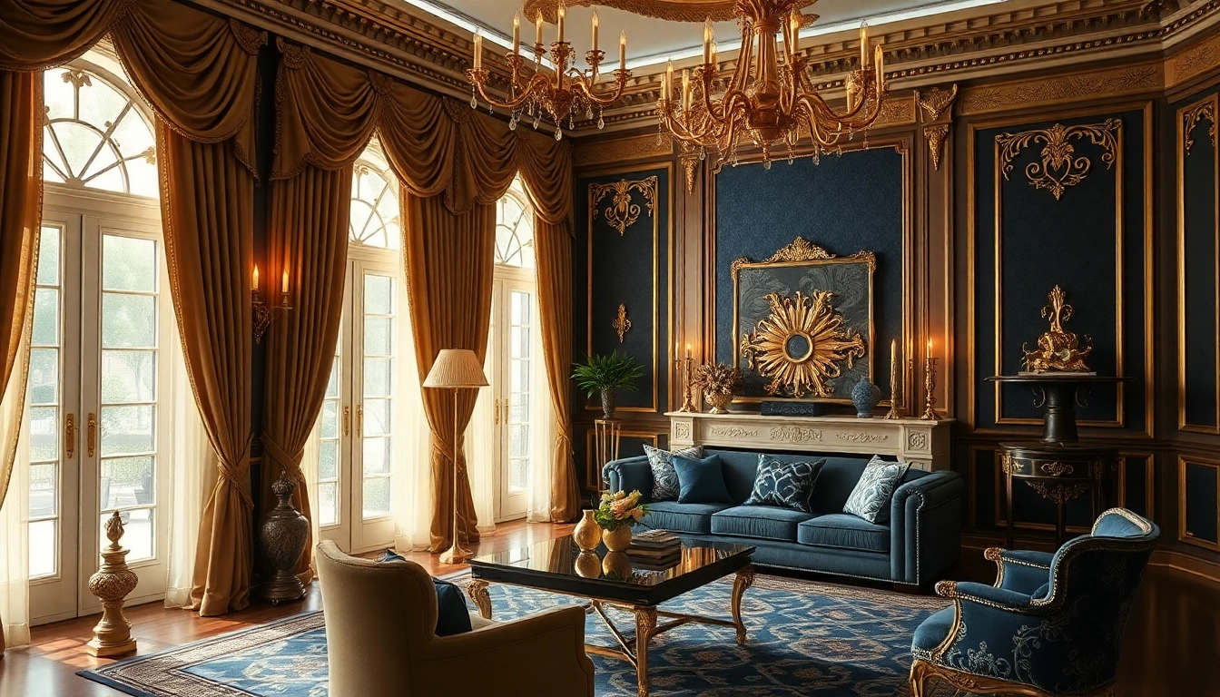Luxury room exuding opulence with golden accents and rich textiles.