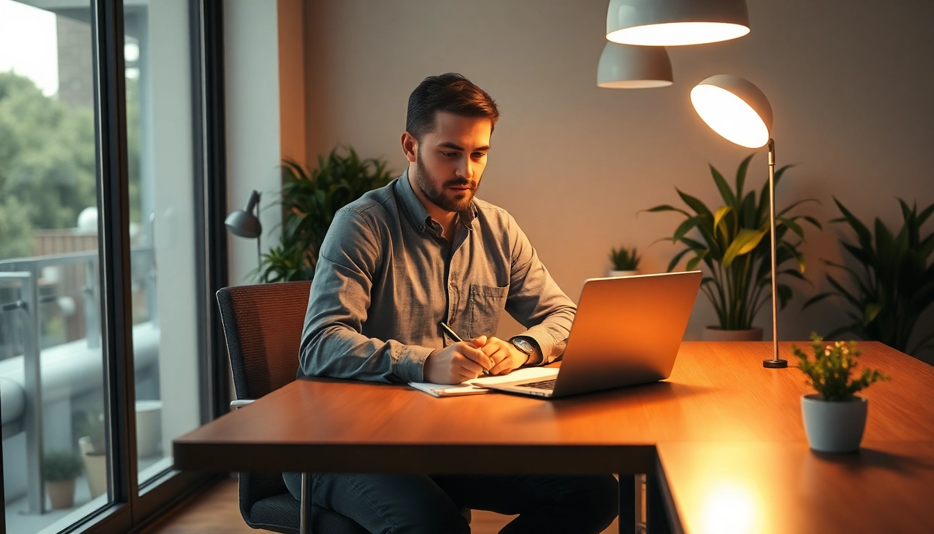 Unternehmensberatung: Unternehmensberater bei der Arbeit im modernen Büro, umgeben von Pflanzen und Notizen.