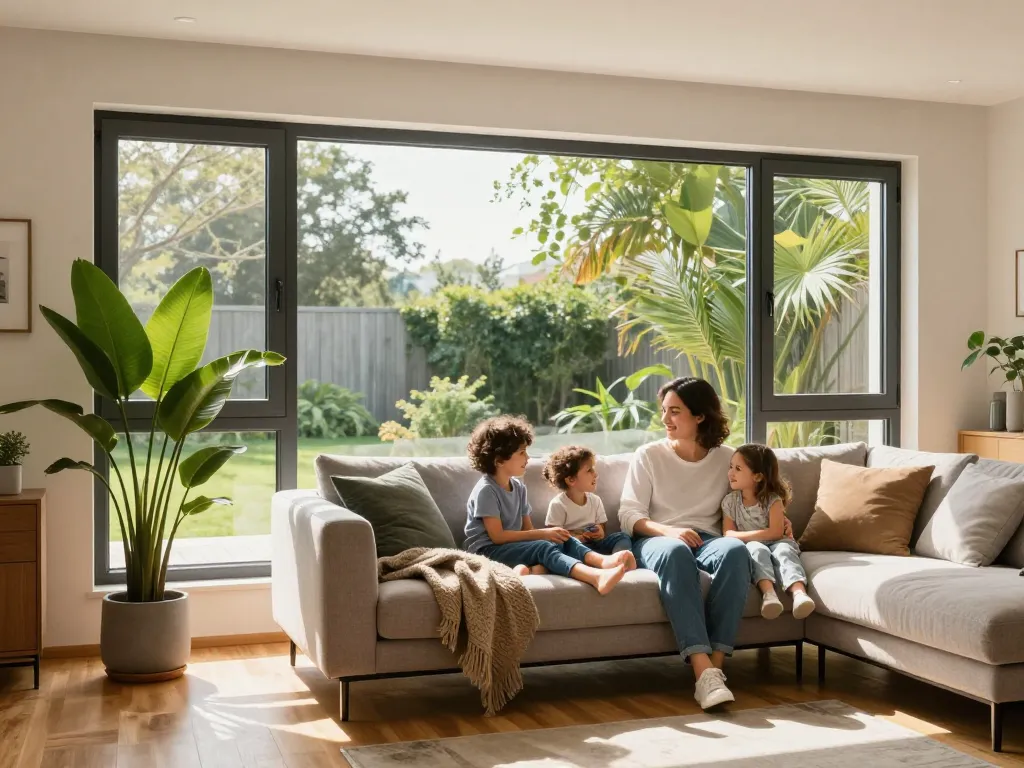 Heller Wohnraum mit Fenster Schüco, natürliches Licht, das moderne Dekoration hervorhebt.