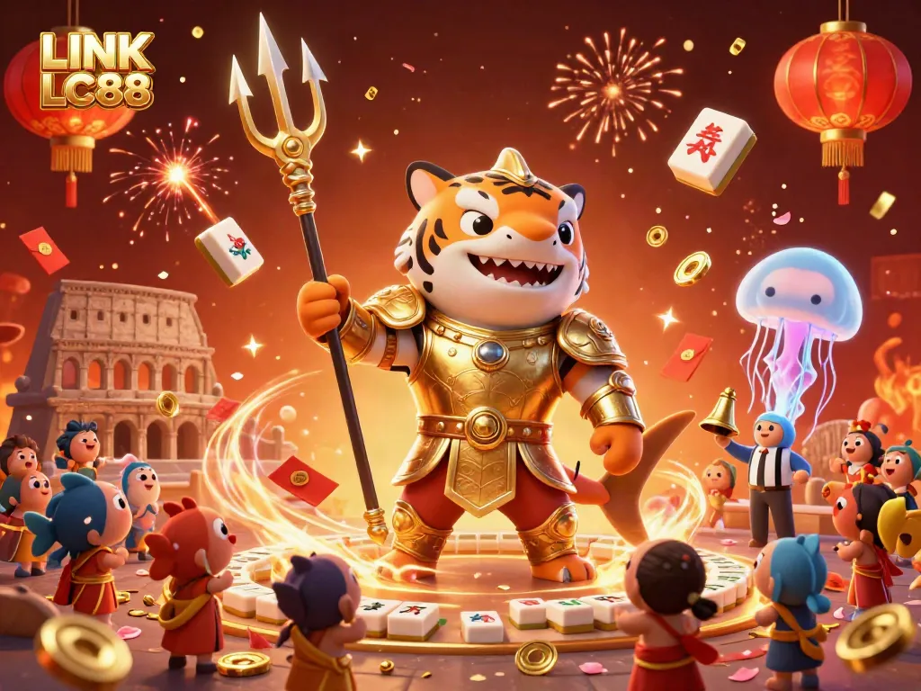 Engage with lively underwater action at LINK LC88 featuring a tiger shark in gladiator armor.