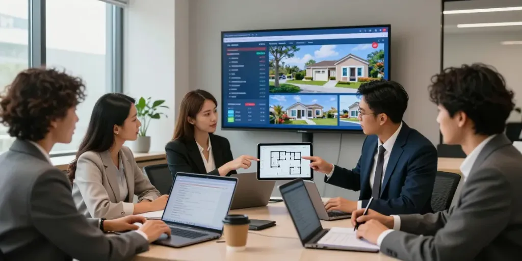 Bester Immobilienmakler Frankfurt präsentiert ein modernes Immobilienbüro mit einem Team, das über Immobilienangebote diskutiert.