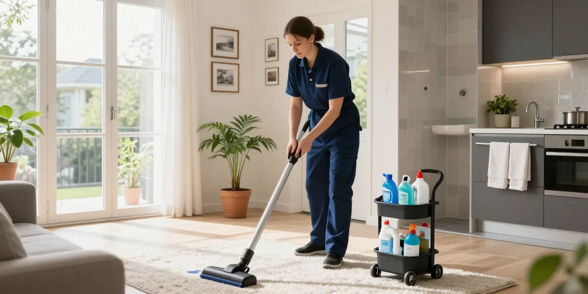 Professional cleaner in modern apartment for unterhaltsreinigung solothurn, bright and inviting atmosphere, home cleaning scene.
