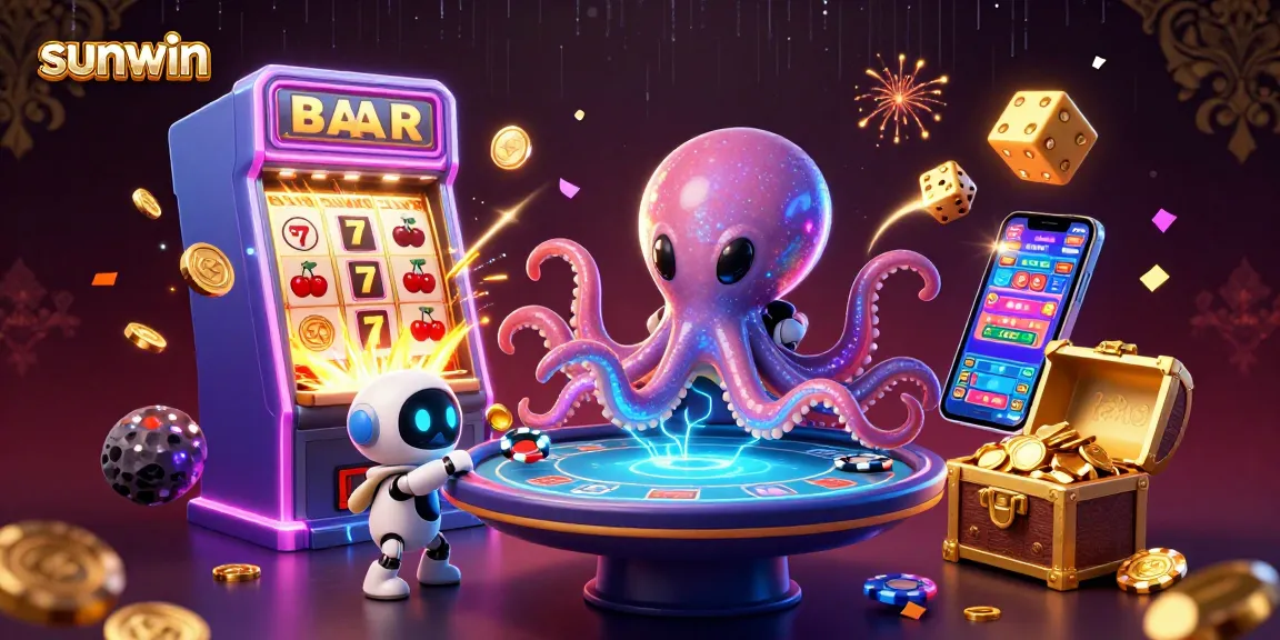 Experience thrilling gameplay at sunwin with an alien octopus at an exciting poker table surrounded by vibrant casino elements.