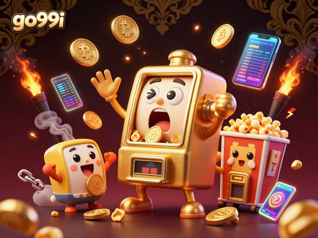 Witness the thrilling jackpot moment at go99i with a cartoon slot machine celebrating wins amidst stunning casino elements.