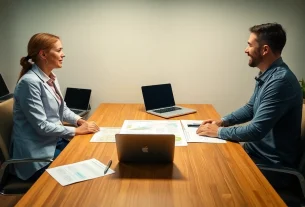 Gesundheitsberatung für Gewichtsverlust: Ein Berater spricht mit seinem Klienten über individuelle Fortschritte.