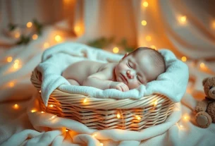 Adorable newborn in pastel basket during a stunning baby photoshoot with fairy lights.