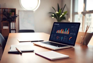 Visualisieren Sie einen offenen Laptop, der das SEO-Ranking-Dashboard zeigt, um die besten Praktiken für die Suchmaschinenoptimierung zu fördern.