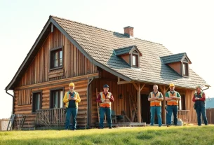 Ein Team bei der Hausrenovierung, das fachkundig an einem alten Gebäude arbeitet.
