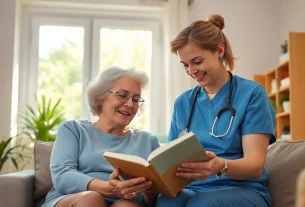 Freundliche Pflegekraft unterstützt ältere Person beim Lesen im Rahmen eines Pflegedienstes.