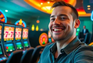 Erleben Sie Online Casino Free Spins mit bunten Automaten und einem lächelnden Spieler in einem modernen Casino.