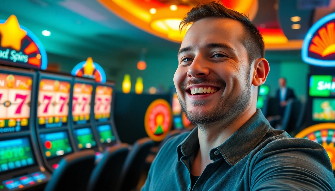 Erleben Sie Online Casino Free Spins mit bunten Automaten und einem lächelnden Spieler in einem modernen Casino.
