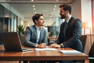 Die Personalvermittlung erfolgt in einer modernen Büroumgebung, wo ein recruiter mit einem potentiellen Kandidaten spricht, um Karrierechancen zu besprechen.
