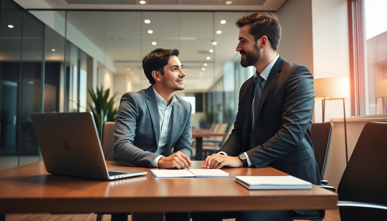 Die Personalvermittlung erfolgt in einer modernen Büroumgebung, wo ein recruiter mit einem potentiellen Kandidaten spricht, um Karrierechancen zu besprechen.