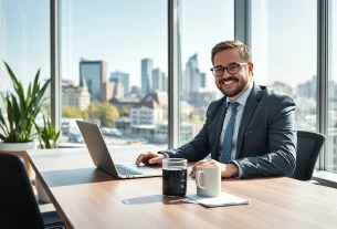 Headhunter Frankfurt bei der Arbeit in einem modernen Büro mit Blick auf die Skyline.