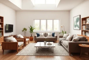 Moderne Raumgestaltung eines einladenden Wohnzimmers mit natürlichem Licht und sanften Farben.