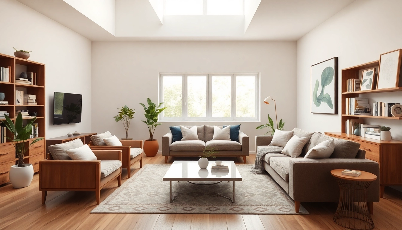 Moderne Raumgestaltung eines einladenden Wohnzimmers mit natürlichem Licht und sanften Farben.