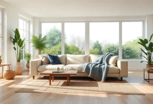 Eine harmonische Raumgestaltung zeigt ein einladendes Wohnzimmer mit modernen Möbeln und Pflanzen.