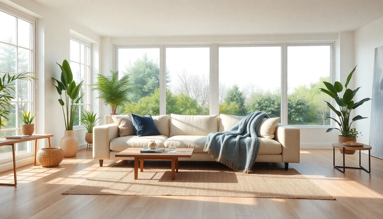 Eine harmonische Raumgestaltung zeigt ein einladendes Wohnzimmer mit modernen Möbeln und Pflanzen.