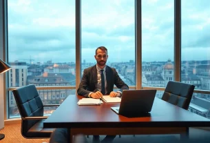 Ein Headhunter Karlsruhe im modernen Büro bei der Arbeit mit Notizen und Laptop.