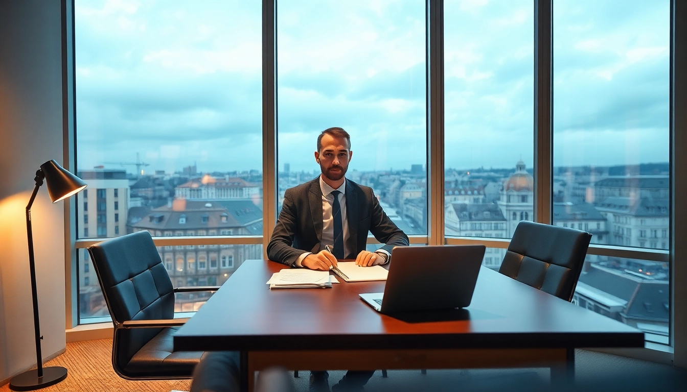 Ein Headhunter Karlsruhe im modernen Büro bei der Arbeit mit Notizen und Laptop.