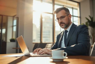 Headhunter CEO arbeitet in modernem Büro und reflektiert über Strategien.