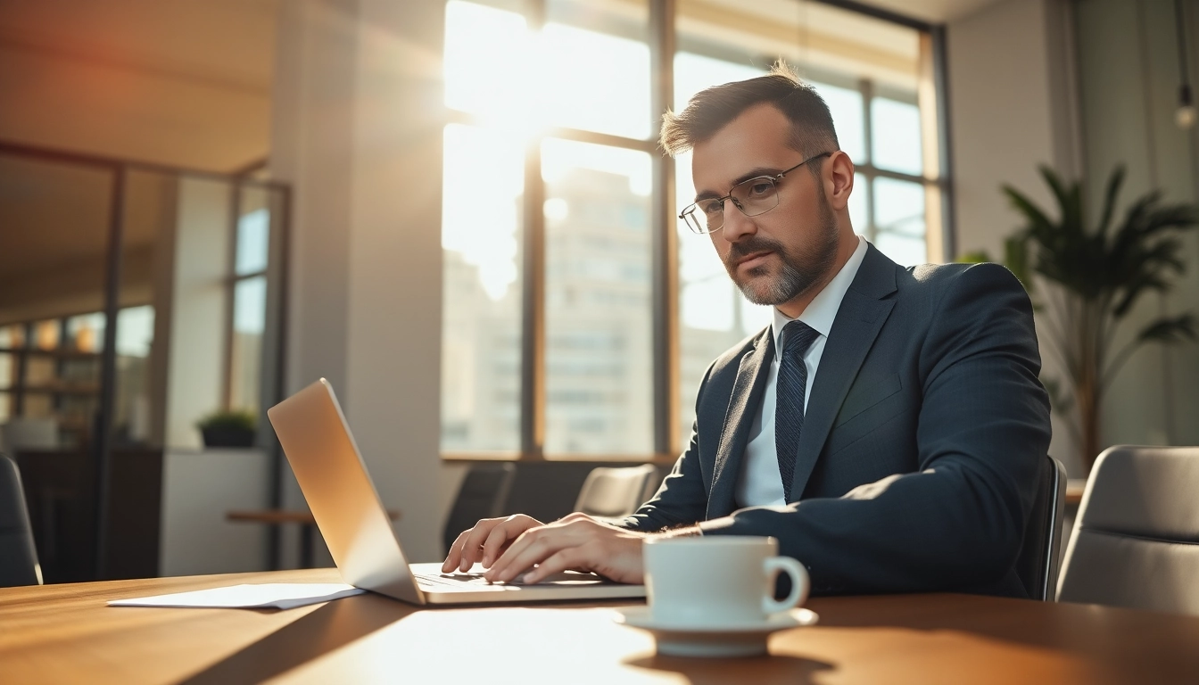 Headhunter CEO arbeitet in modernem Büro und reflektiert über Strategien.